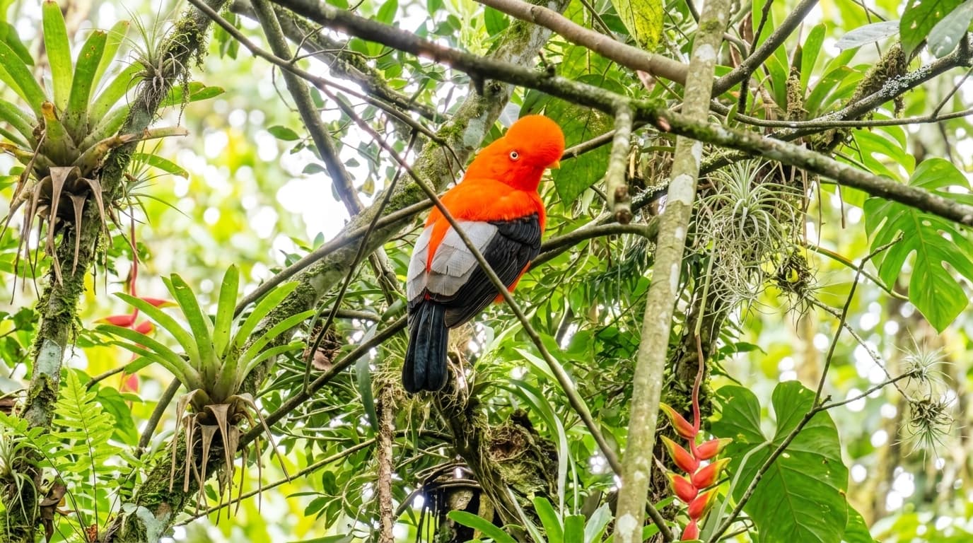 Gallito de roca andino posado entre la vegetación de la selva