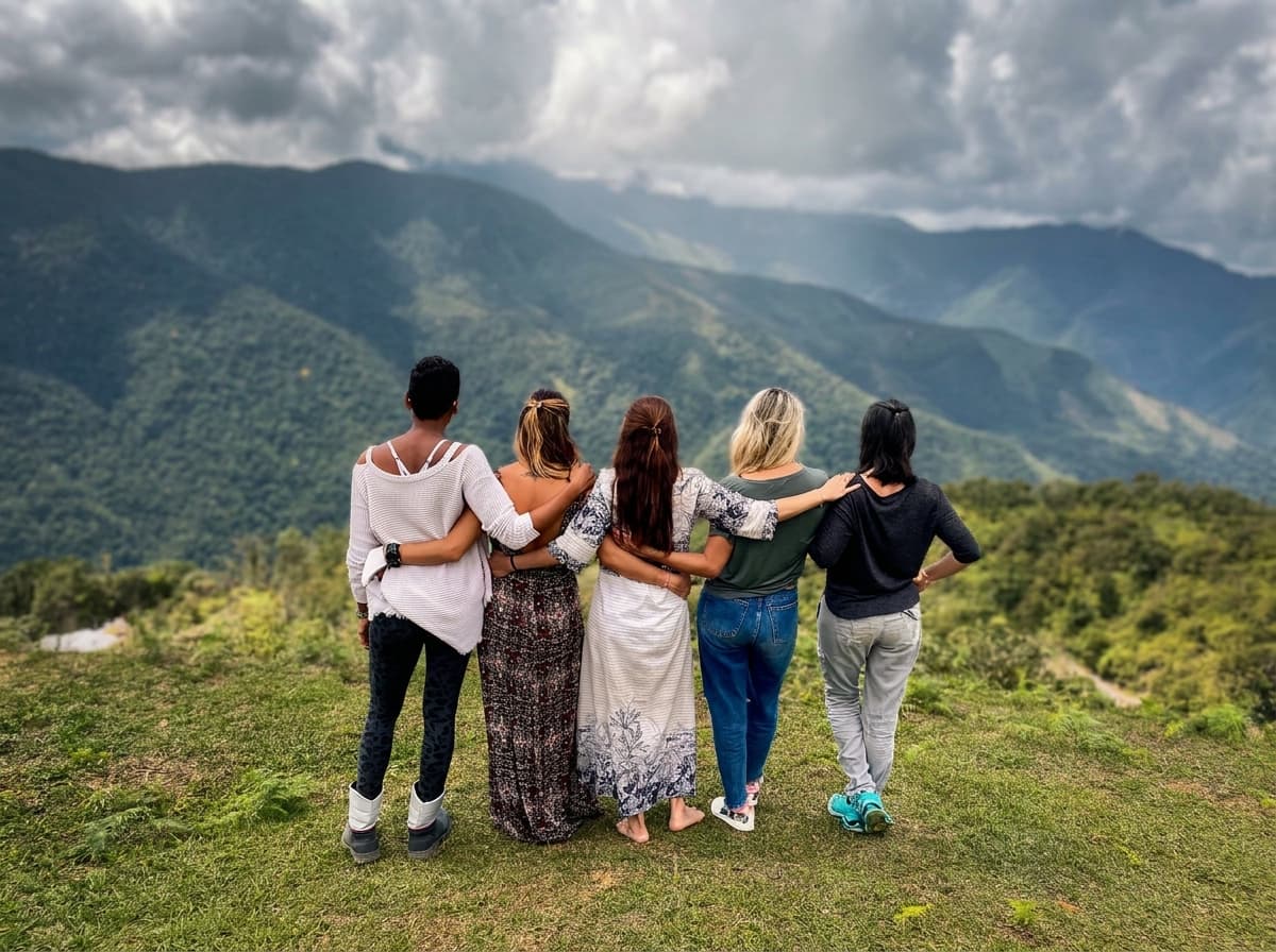 Grupo de viajeras abrazadas contemplando las montañas colombianas